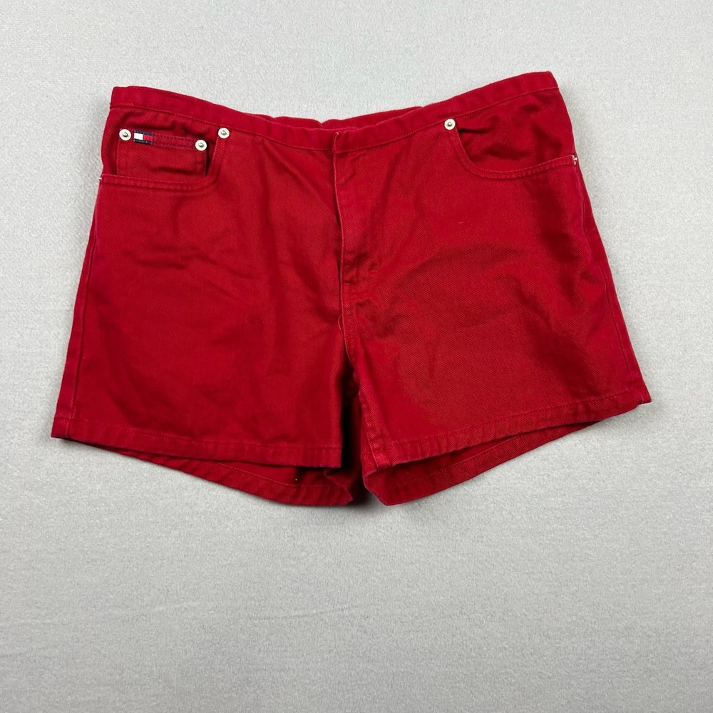 Vintage Y2K Tommy Hilfiger Womens Size 10 Red Solid Denim Twill Jean Shorts Logo